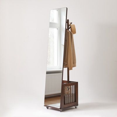 Solid Wood Rolling Coat Rack with Storage Basket, Freestanding Multi-Hook Garment Stand with Wheels, Mobile Wooden Clothes Organizer for Entryway Bedroom Hall Closet
