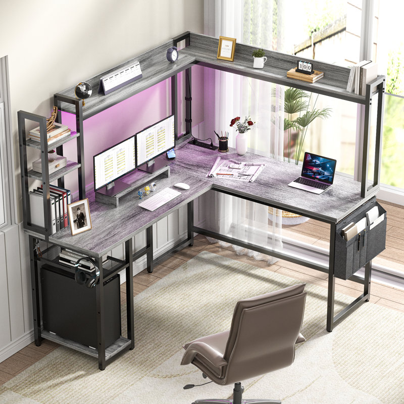 Bureau en L Bianco avec huche et prise de courant, bureau d'ordinateur de coin de jeu avec lumières DEL, Chêne blanc / noir