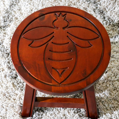 Rubberwood Step Stool, Cherry - Queen Bee For Functional And Stylish Ottomans, Footrests ' Stools Wooden Stool With Bee, Mini Side Tables