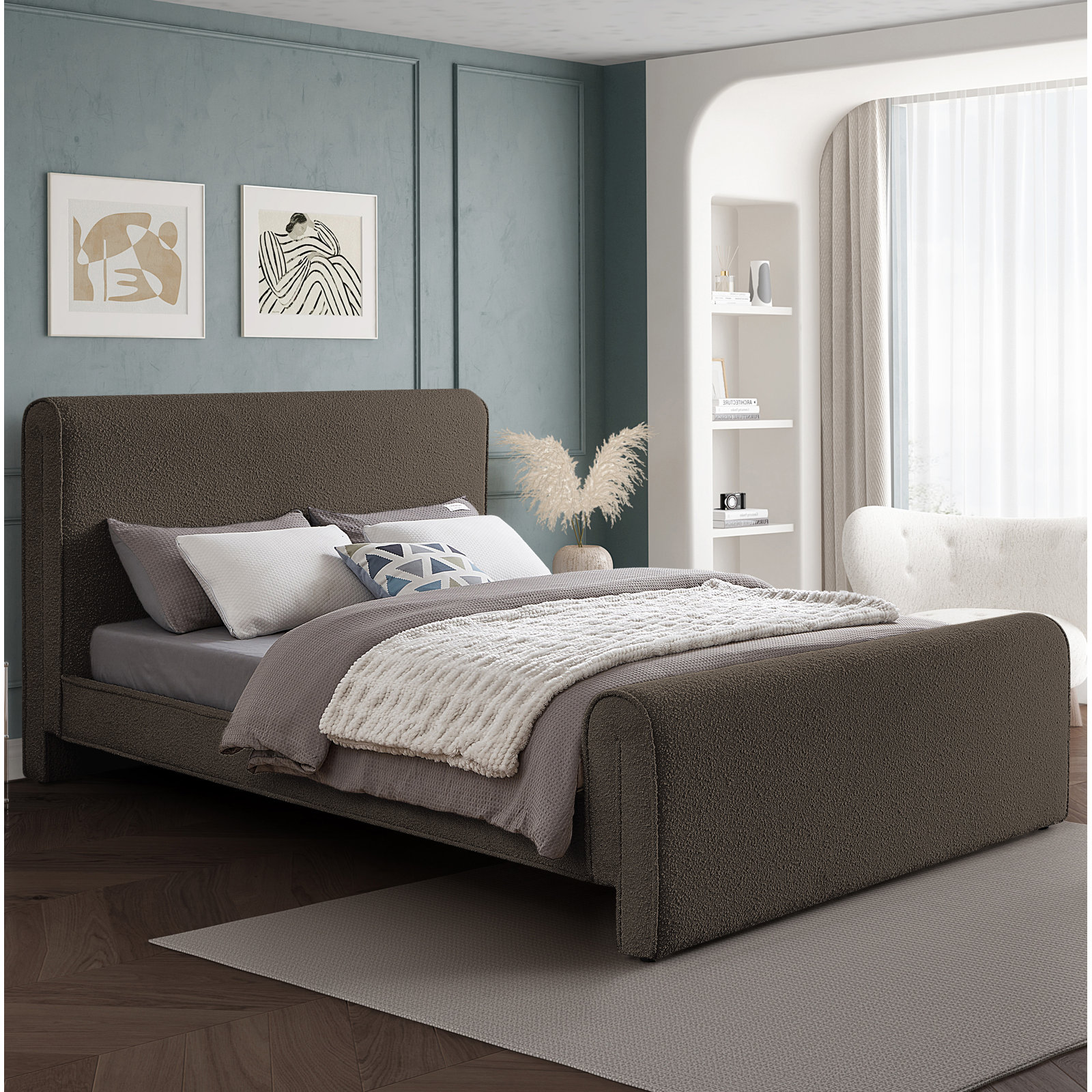 Chaylin Platform Bed, Queen, Brown Boucle Fabric
