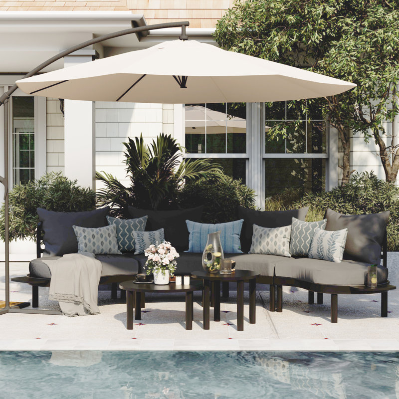 Patio Curved Conversation Set with End Table, Black Cushion/Dark Gray Frame