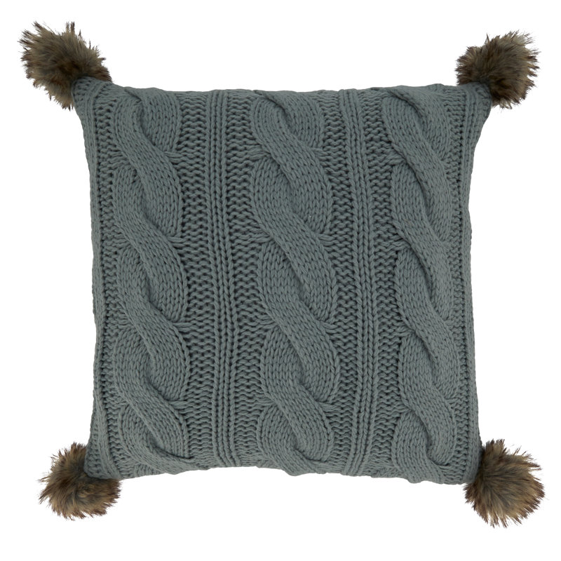 Gray Cable Knit Square Throw Pillow with Pom-Poms