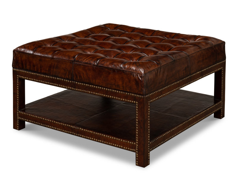 Vintage Square Leather Tufted Ottoman