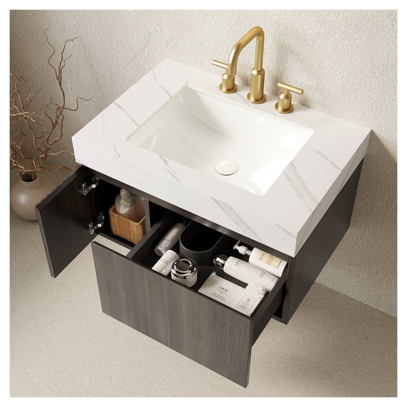 Meuble-lavabo suspendu MURI de 30 po avec comptoir en pierre frittée, lavabo encastré en céramique et armoire en contreplaqué au fini espresso