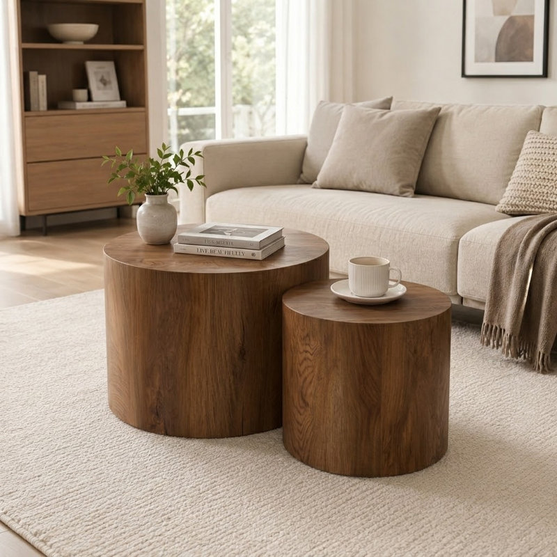 Ensemble de tables d'appoint cylindriques en bois peu encombrantes avec pieds antidérapants pour balcon et appartements