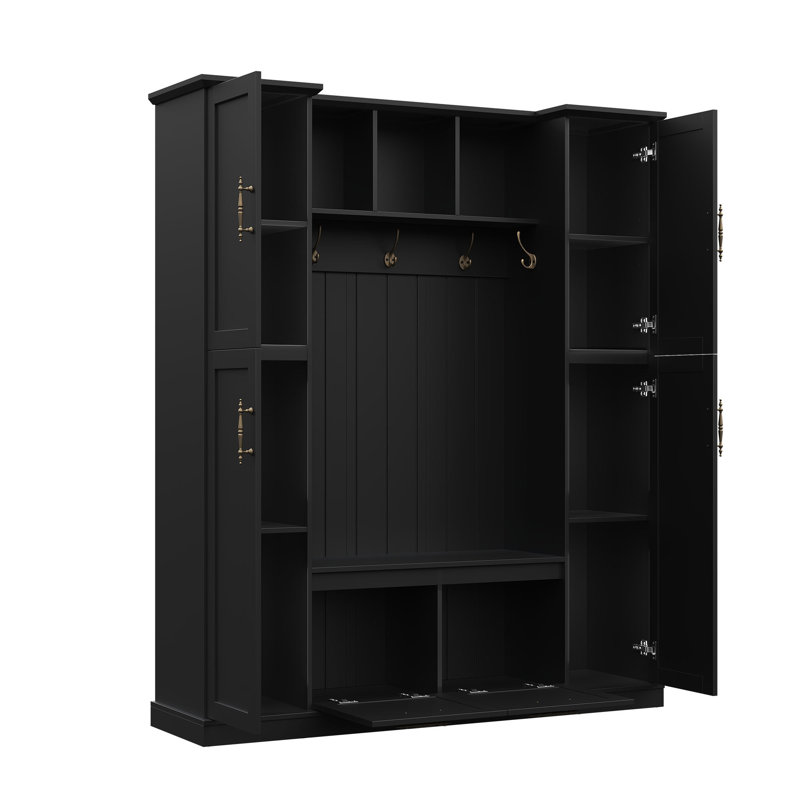 ON-TREND Farmhouse Elegant Hall Tree With 4 Side Cabinets, Black