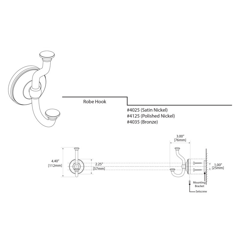 Tavern Wall Mounted Robe and Towel Hook, Satin Nickel