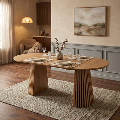 Extendable Oval Wood Dining Table with Slatted Legs, Space-Saving Design for Versatile Use as Dining Table or Desk