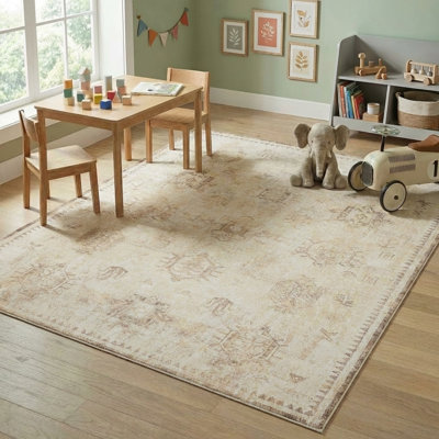 Tapis traditionnel beige / ivoire lavable à la machine