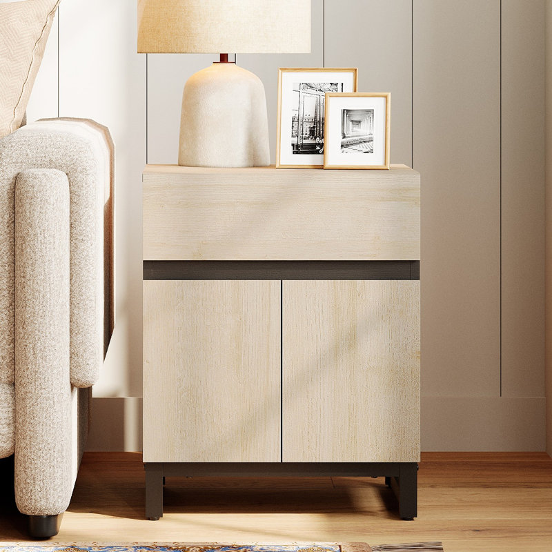 Aadam Modern End Table With 1 Drawer & 1 Storage Cabinet, Beige