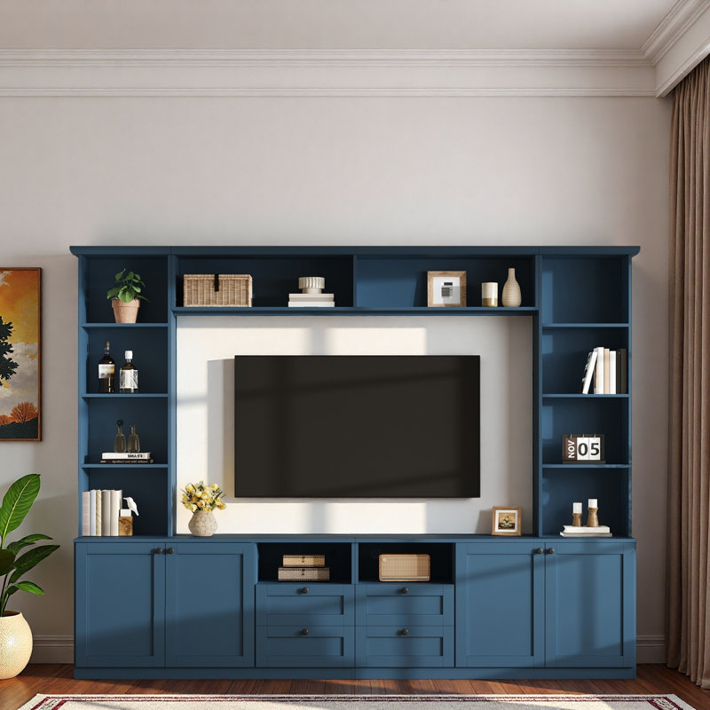Meuble audio-vidéo moderne avec tablettes ouvertes, 4 tiroirs, armoires de rangement, tablettes réglables et hauteur de pont réglable