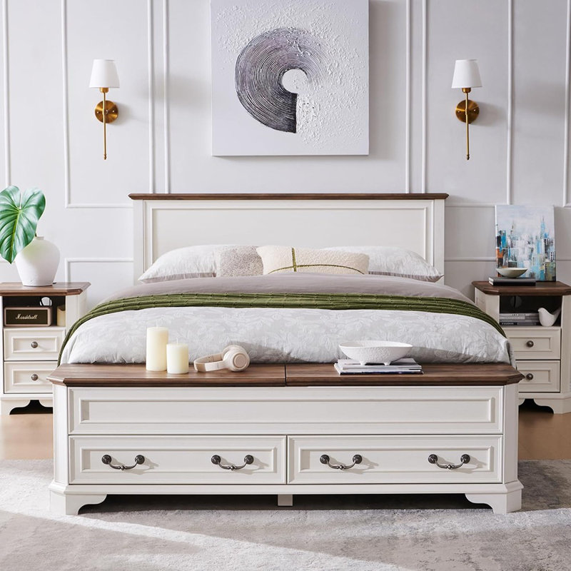 Grand lit de ferme avec tête de lit et banc de rangement, lit plateforme en bois rustique avec coffre de rangement de 64 po et 4 grands tiroirs (blanc antique)
