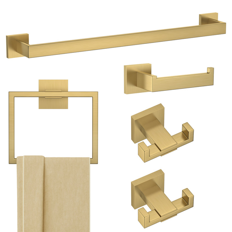 Square 5 - Piece Bathroom Hardware Set, Brushed Gold