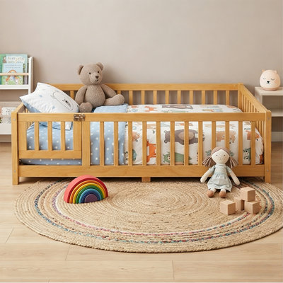 Montessori Floor Bed With Door,slat And Safety Guardrails For Kids