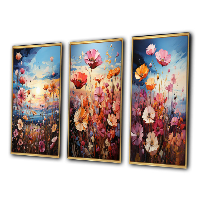 «Purple Wildflowers Symphony», 3 pièces sur toile, Encadrement doré, H 28 po x l 36 po