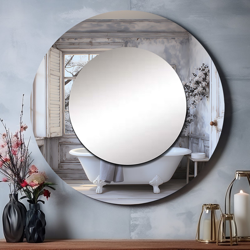 Sayhan Farmhouse Bathroom Charm II - grand miroir de blanchisserie, miroir mural rond gris, impression d'art en métal