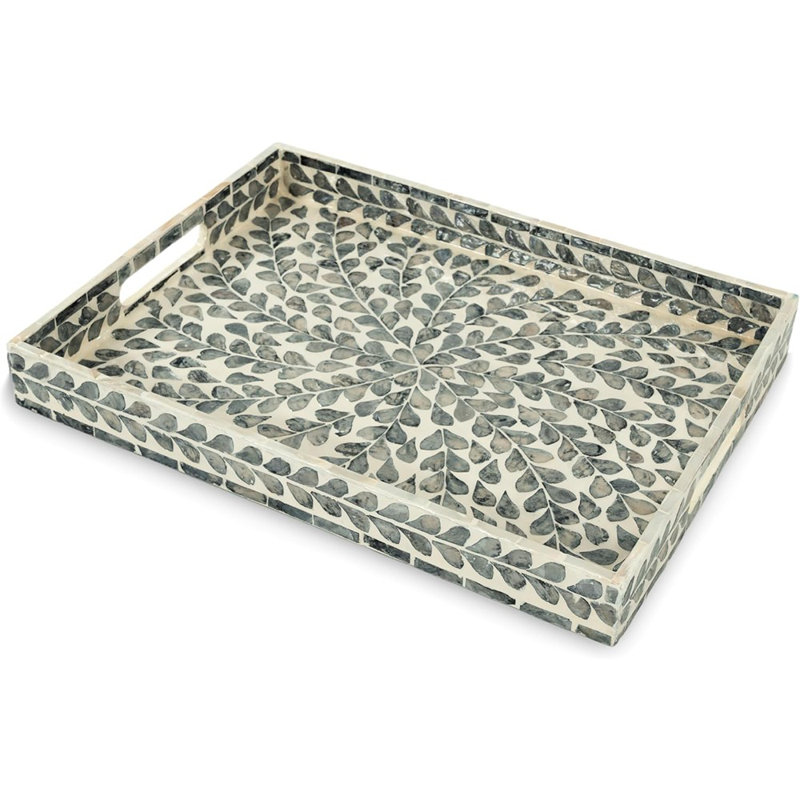 Rectangular Lacquer Mother Of Pearl Inlay Tray, Wooden Decorative Tray With Handles For Tea, Breakfast, And Table