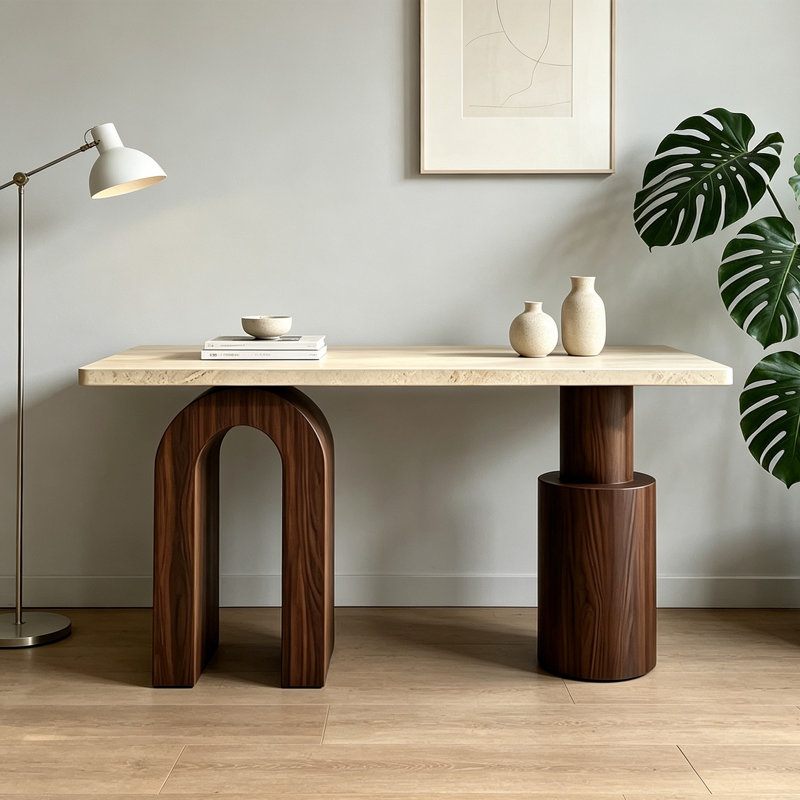 Console Mid-Century moderne, H 31,5 po x l 63 po x P 15,7 po, Marron foncé