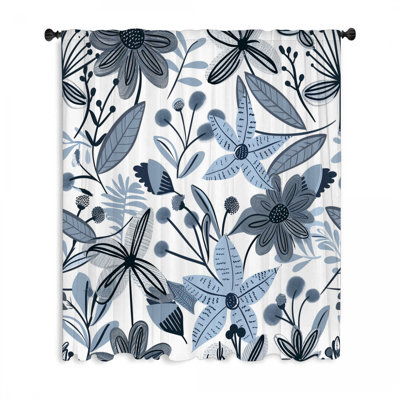 Blue Florals Window Curtains, Botanical Blockout & Sheer Curtains - 1 Panel