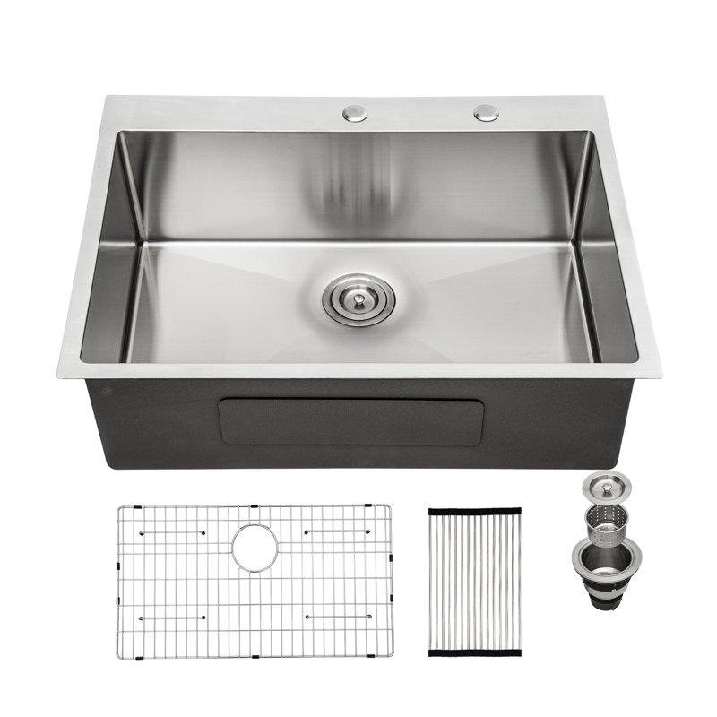 Évier de cuisine à cuve unique de 71 cm (28 po) à encastrer par le dessus, 71 x 56 x 25 cm (28 x 22 x 10 po) - Acier inoxydable 16 g T304, coussinet antibruit, système de drainage sans entrave, coin R10, revêtement insonorisant en nickel brossé 16 calibre, vidange facile.