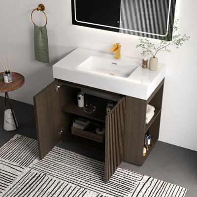36f" Smoked Oak Bathroom Vanity With Fluted Design, White Sink Basin, Wear- , Transitional Style Freestanding Two Door Units, Adjustable Shelving, Silent Hinges, Suitable For Contemporary Bathrooms