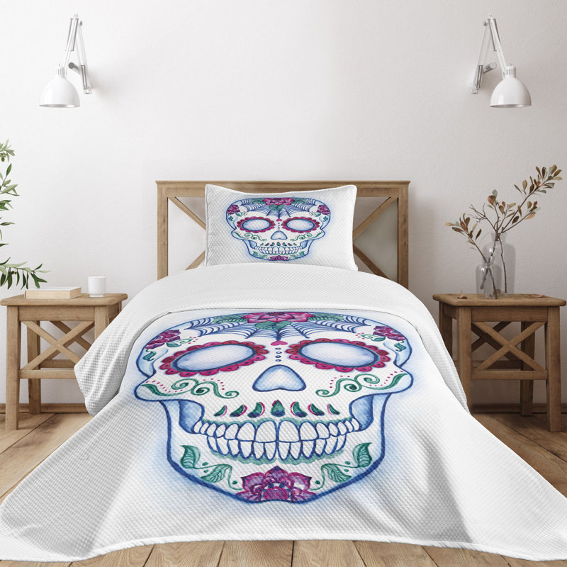 White Quilted Twin Bedspread Set with Colorful Skull Design