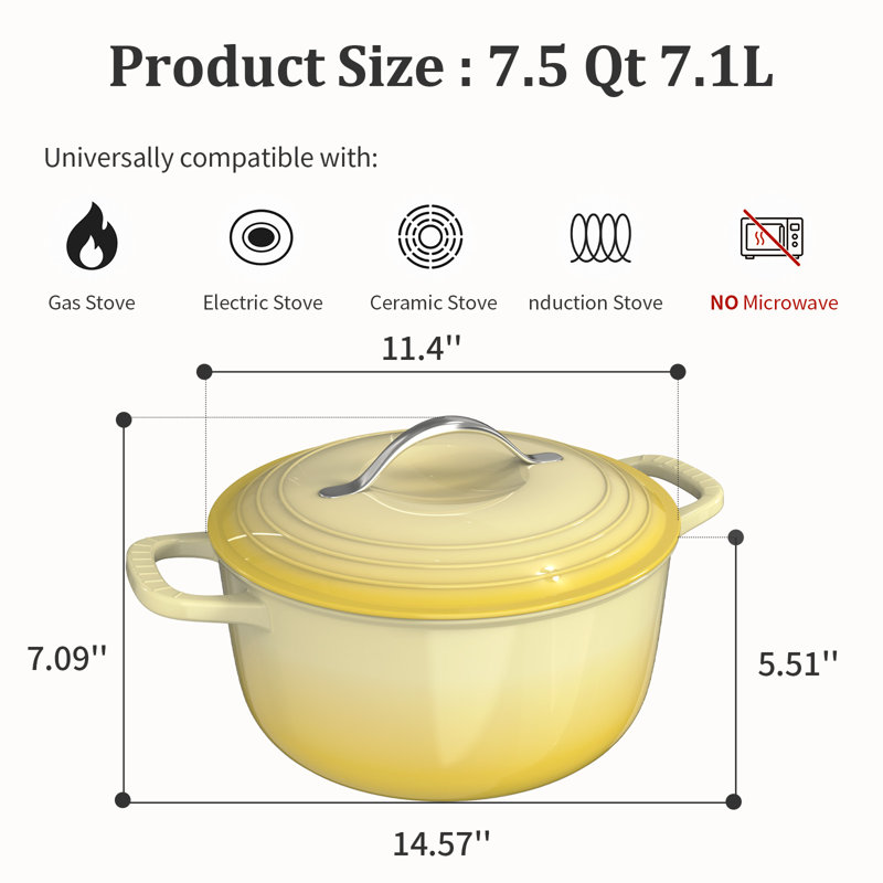 Cocotte ronde en fonte émaillée jaune de 7 pintes avec gants et dessous de plat résistants à la chaleur, Jaune