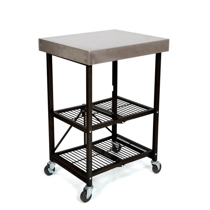 Origami Foldaway Rolling Kitchen Cart Steel Top, Stainless and Black