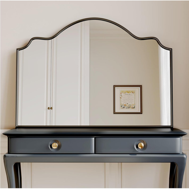 Arch Scalloped Top Wall Mirror With Wood Frame For Bathroom, Living Room, Entryway, 24" x 36"