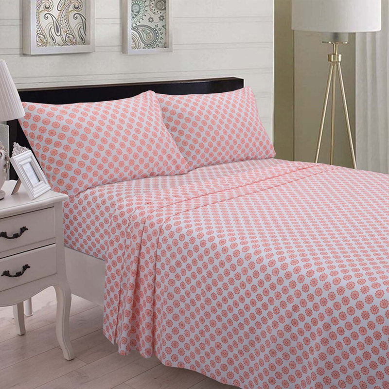 100% Cotton Full Size Bed Sheets Set with Deep Pockets, Cozy Percale sheets with Elastic Fitted Sheet 4 Piece Bedding and Pillowcase set, Mandalas Coral