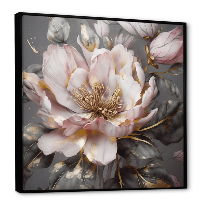 Rose et gris pivoines en fleurs III - pivoines, art mural, H 30 po x l 30 po, Cadre flottant noir