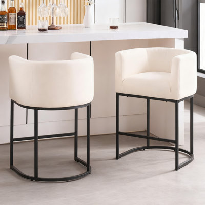 27" H Counter Height Barrel Fabric Bar Stools With Curved Back and Footrest, Upholstered Accent Barstools for Kitchen Island