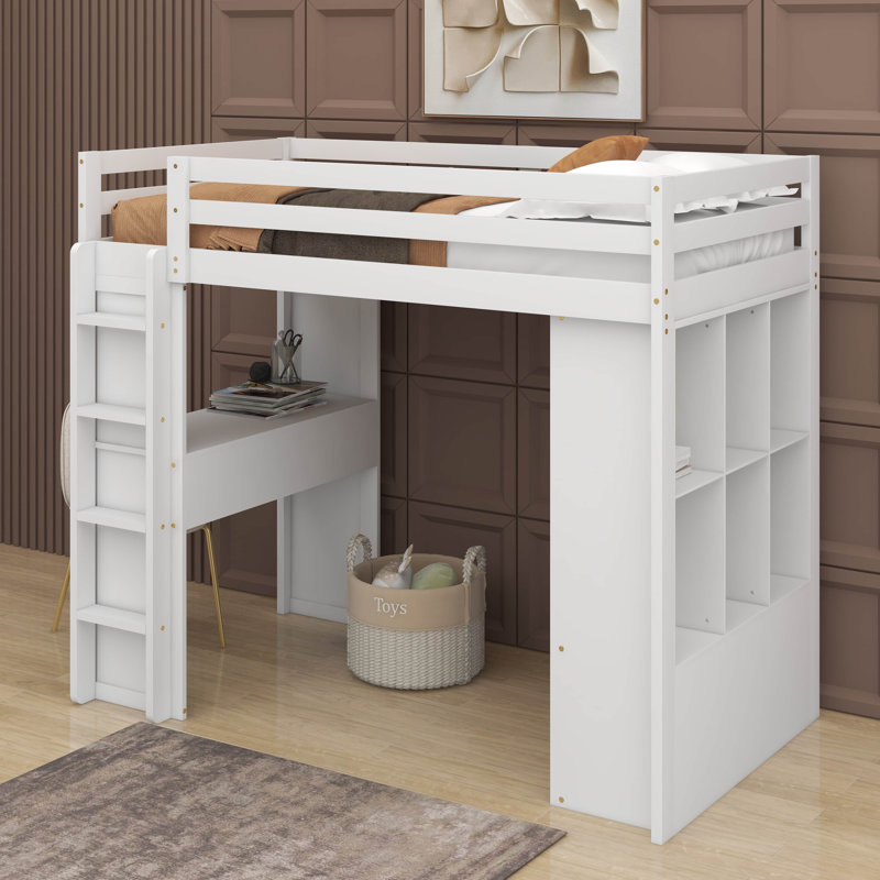 Lit mezzanine double avec grandes tablettes, bureau et lumière DEL, Blanc, Lit double