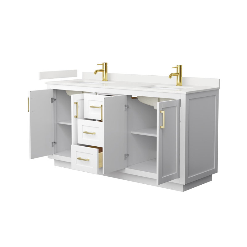 Miranda 66" Freestanding Double Bathroom Vanity with Quartz Top, White Quartz, White, Brushed Gold