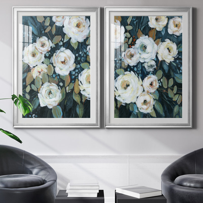 Moonlit Garden II - ensemble de 2 reproductions d'art, H 26,5 po x l 73 po x P 1,5 po, Papier avec cadre argenté, Blanc