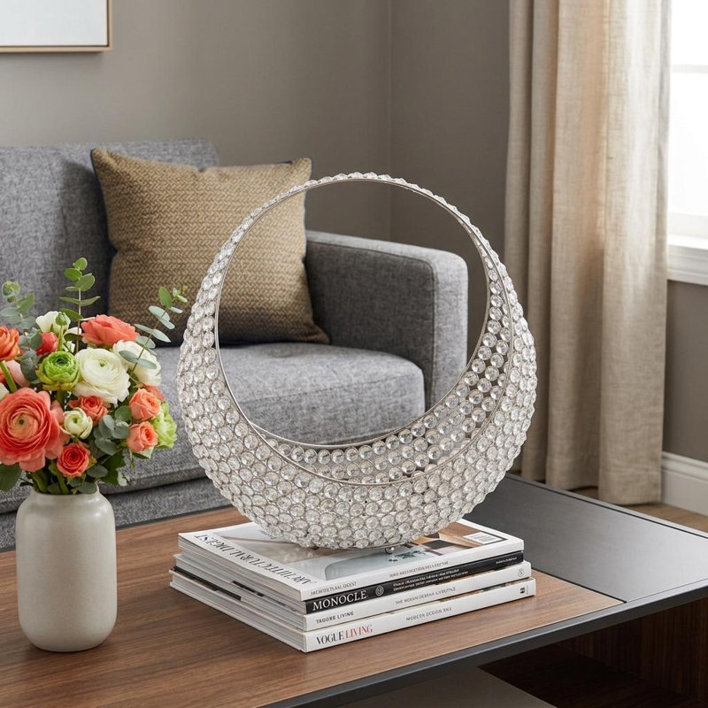 Panier à bagues 16 po argent et faux cristal, H 16 po x l 15 po x P 6,5 po