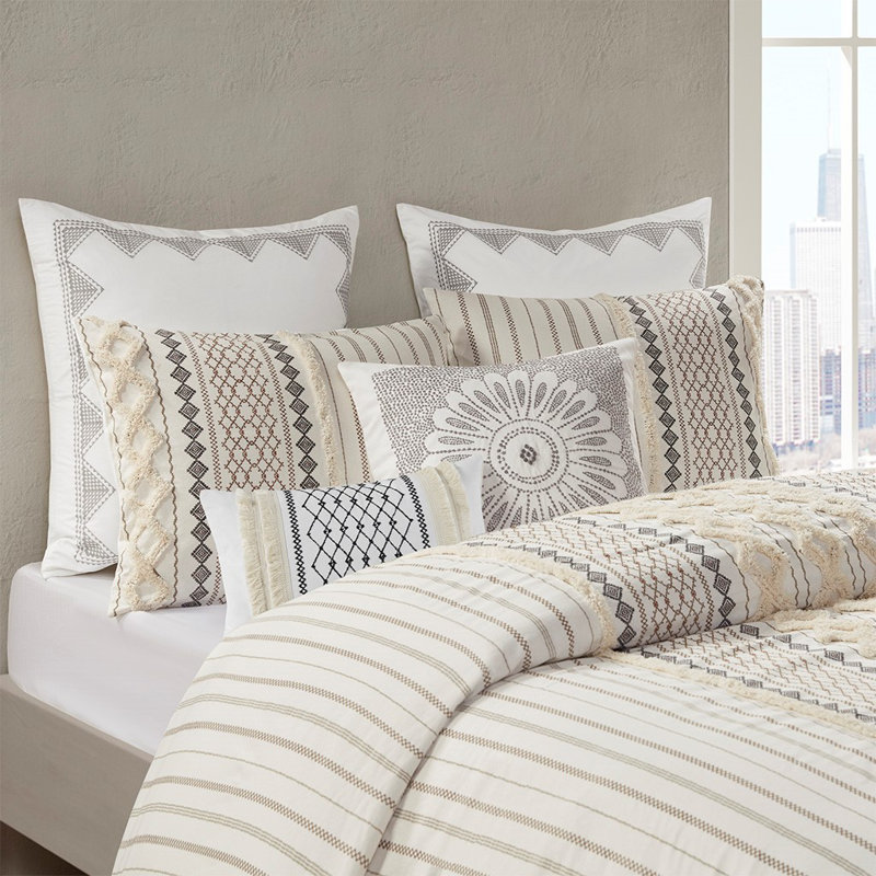 Ivory Geometric Embroidered Cotton Oblong Pillow with Tassels