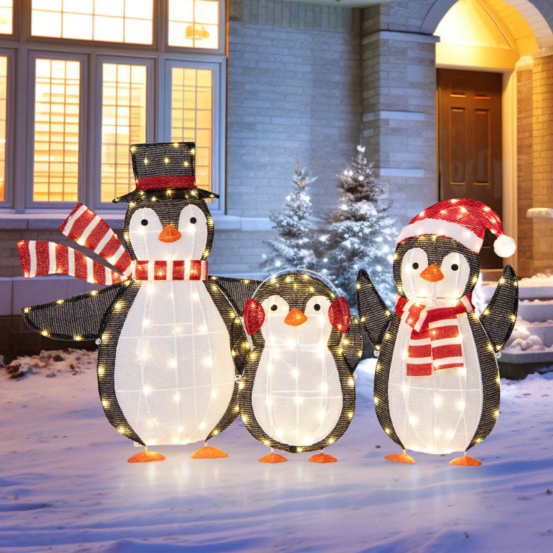 Ensemble de 3 pingouins éclairés avec 194 lumières à DEL et piquets