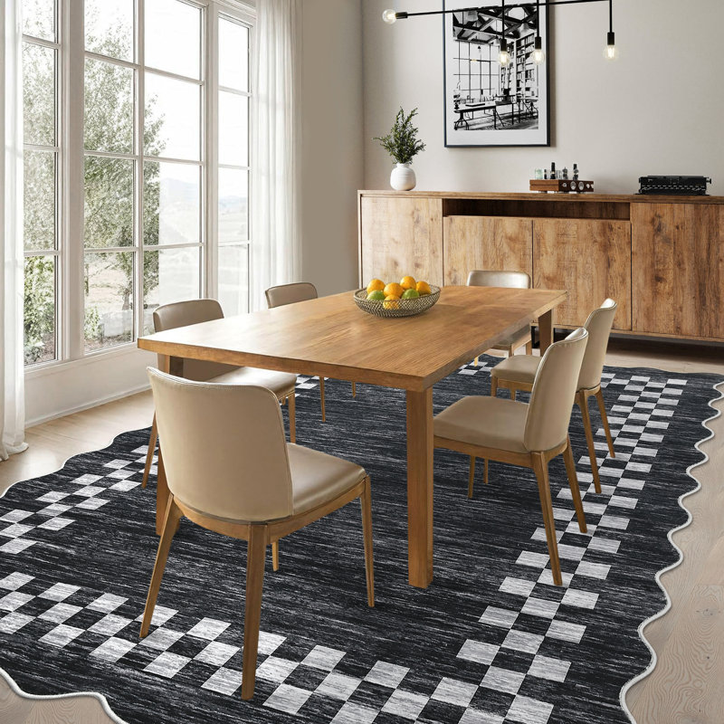 Bordered Rug Narrow Scalloped Hallway Rug with Rubber Backing, Non-Shedding Contemporary Indoor Floor Mat, Foldable Thin Accent Carpet