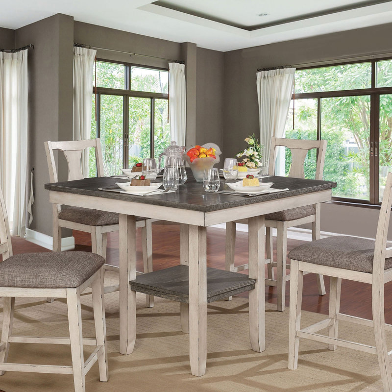 Ensemble de salle à manger de style rustique antique avec table à hauteur de comptoir et tablette, avec chaises hautes uniques pour une expérience culinaire confortable