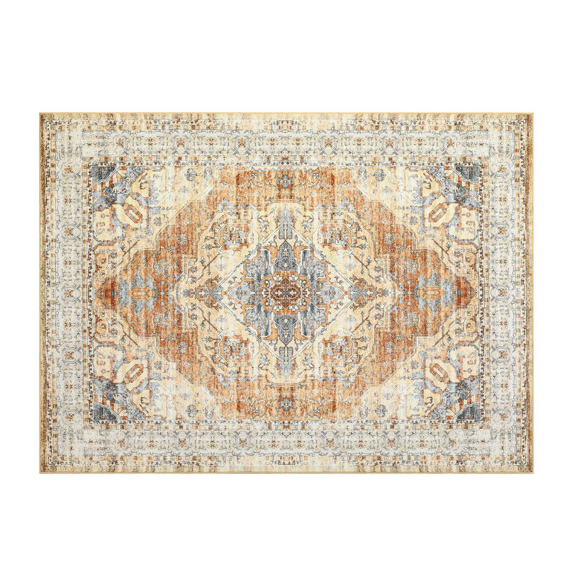 Washable Area Rug 5x7 Non Slip Backing Rug Vintage Printed Low Pile Carpet Stain Resistant Rugs for Living Room Bedroom Kids Room Home Office,