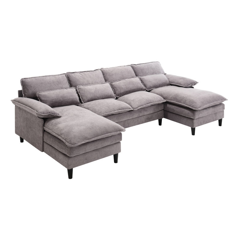 Canapé modulaire en U, 4 places avec méridienne, tissu éponge, gris pour le salon de la décoration intérieure, coussin double, 4