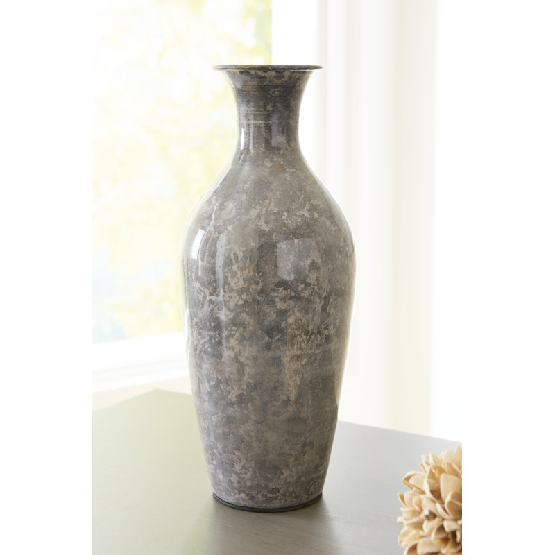 High-Gloss Gray Metal Traditional Vase, 12 Inch