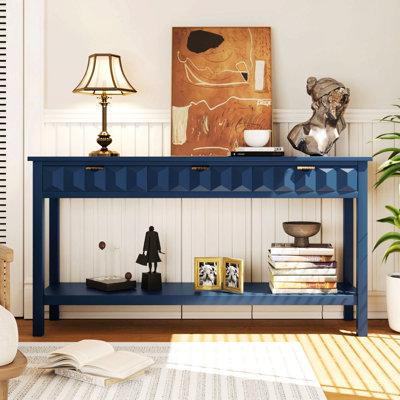 Table d'entrée 58,3 po en placage de sapin avec façades en nid d'abeille, console moderne et élégante avec 3 tiroirs et pieds en sapin massif, convient au salon, au vestibule, au couloir, au bureau, au vestibule