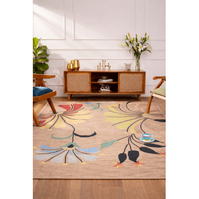 Tapis écologiques en laine touffetée à la main Styles - couleur chameau, design floral moderne, tapis antidérapants faits à la main et épais pour le salon, la chambre à coucher