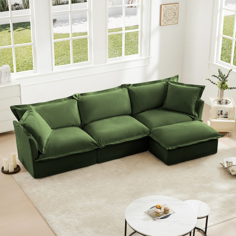 Canapé rembourré, repose-pieds, Chenille verte, H 34,6 po x l 120 po x P 55 po