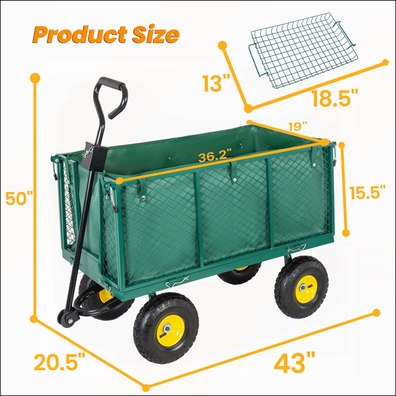 Chariot de jardin surdimensionné en acier 3 en 1 avec doublure amovible et panneaux latéraux pour une utilisation polyvalente