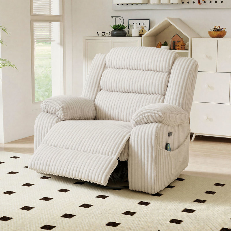Fauteuil inclinable à bascule pivotant 42 po avec massage thermique, USB et charge de type C de 42 po de largeur, Blanc