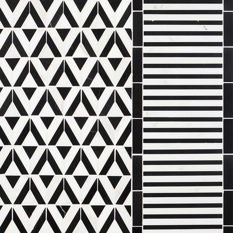 Monroe 8x8 Triangle Polished Marble Mosaic Tile, Black/White