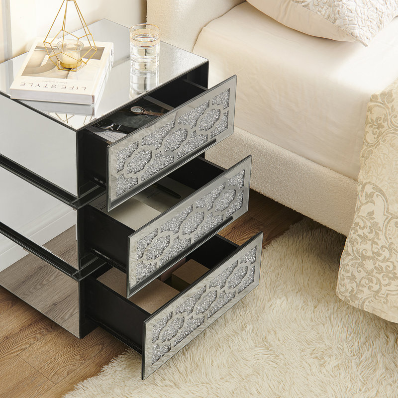 Table de chevet avec miroir, table d'appoint moderne à 3 tiroirs, table de bout décorative argentée avec diamants broyés pour la chambre à coucher, le dortoir et le salon, l 17,7 po x P 13,8 po x H 23,6 po